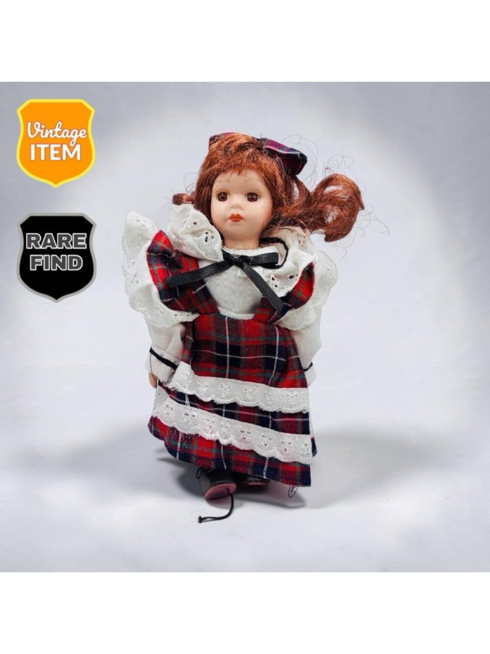 Vintage 8 Inch Porcelain Doll Featuring Brunette Hair, Brown Eyes & Cute Dress.